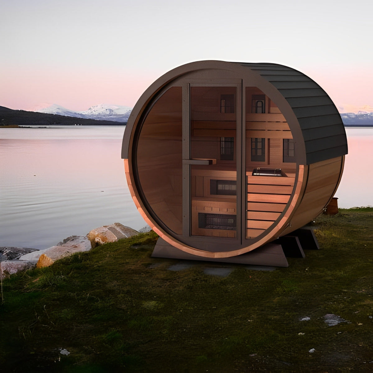 Finnmark FD-6 4-person cedar barrel hybrid sauna, outdoor backyard setting
