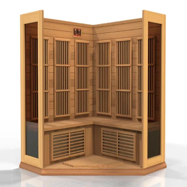 Golden Designs Maxxus “Avignon” 3-Person Corner Infrared Sauna – Near Zero EMF, Red Cedar