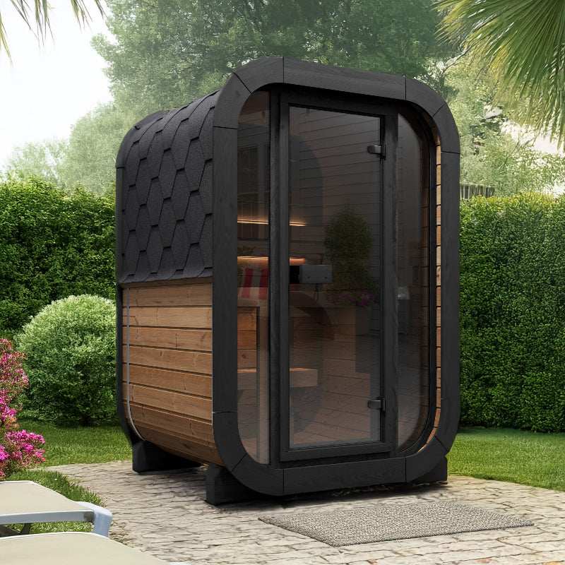 SaunaLife Model CL3G 2-person Cube-Series outdoor sauna kit, glass front wall