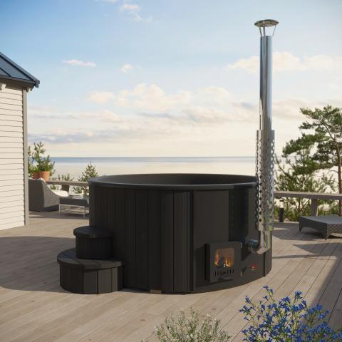 SaunaLife Model S4B 6-person wood-burning hot tub, thermally enhanced spruce exterior