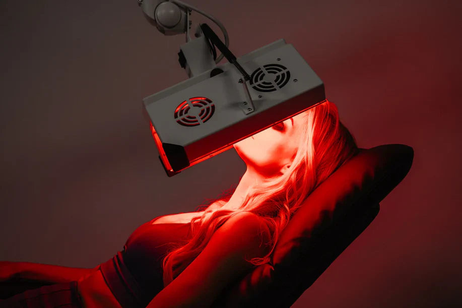 Woman receiving red light therapy on face with overhead ApolloARC panel