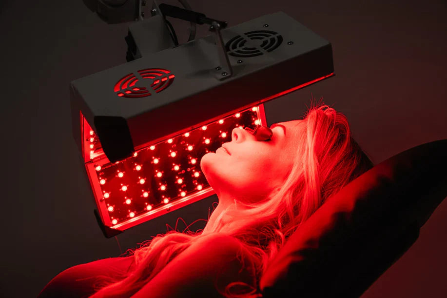Woman receiving red light therapy treatment under ApolloGLOW facial panel in dark room