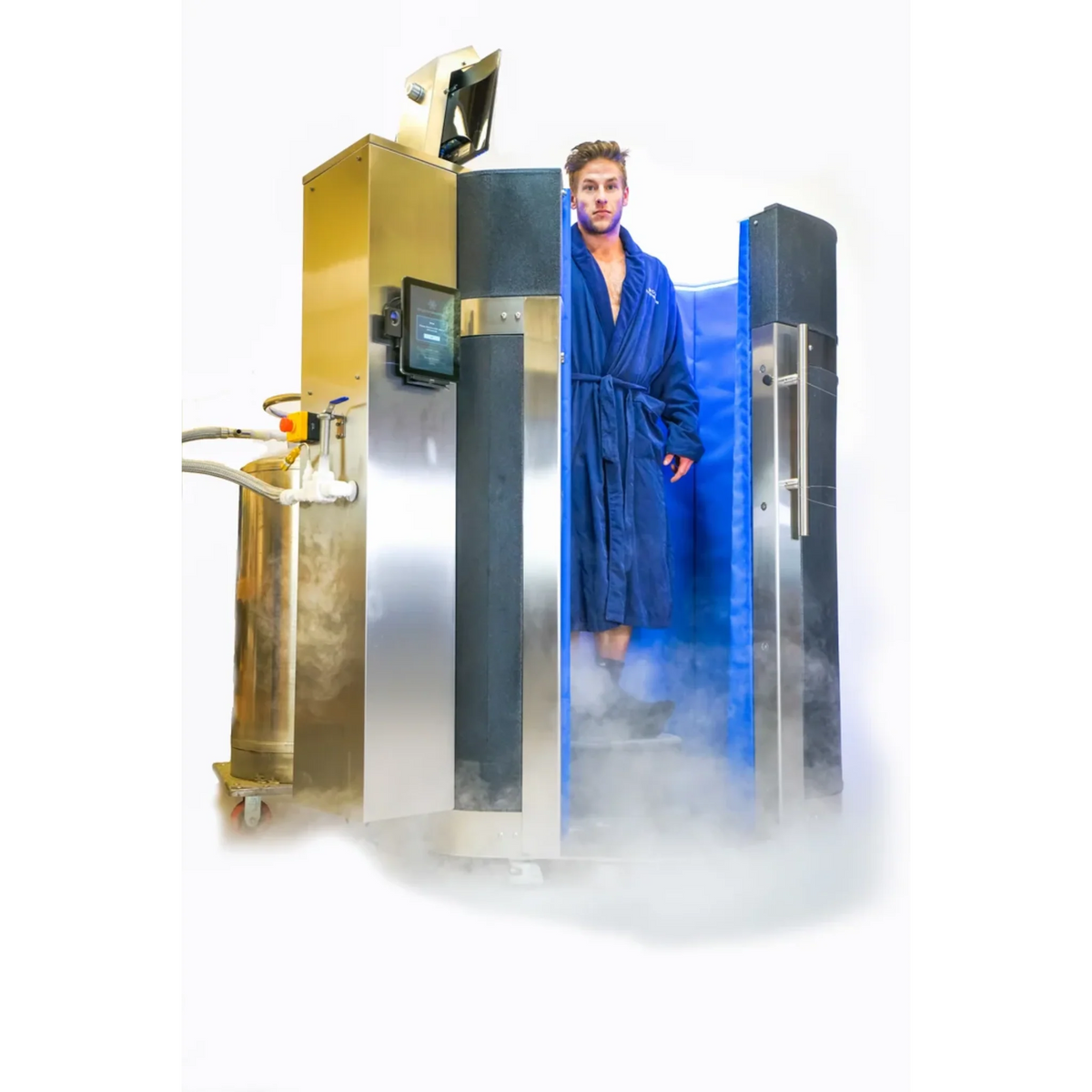 Cryo Innovations XR Cryo Chamber Lite – man in a robe standing in the chamber with cold vapor