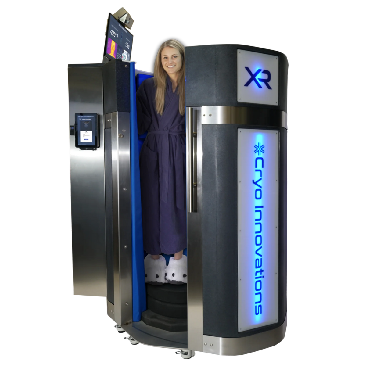 Cryo Innovations XR Cryo Chamber Lite – woman in a robe stepping out of the chamber
