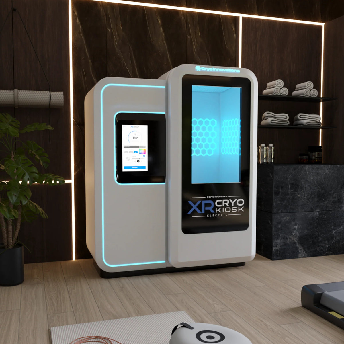 Cryo Innovations XR Cryo Kiosk – kiosk at an angle in a wellness room