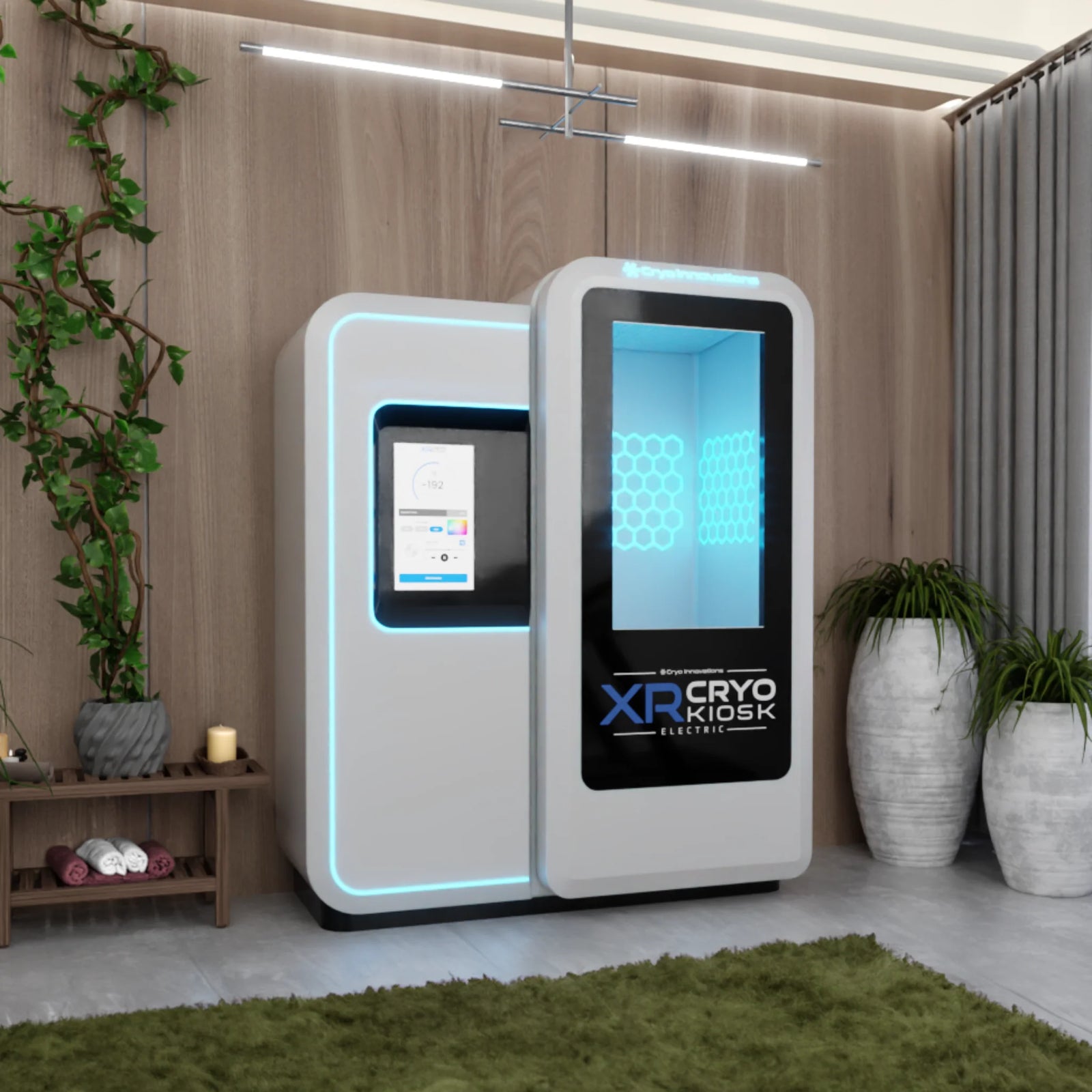 Cryo Innovations XR Cryo Kiosk – kiosk beside a plant and wood wall