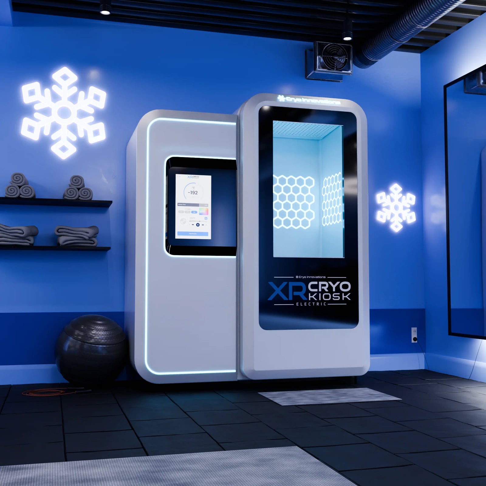 Cryo Innovations XR Cryo Kiosk – kiosk in a blue-lit recovery studio