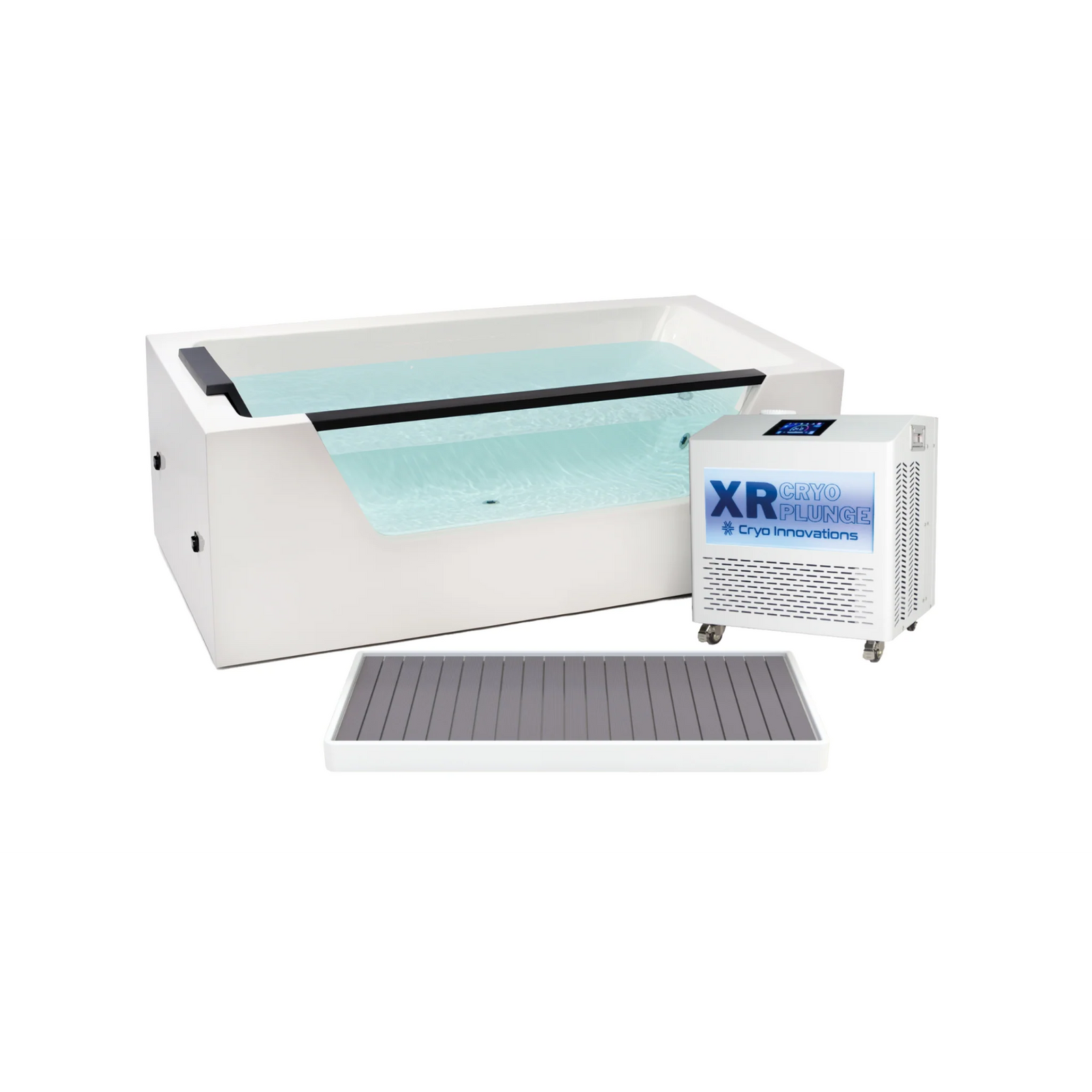 Cryo Innovations XR Cryo Plunge with Window – tub with its chiller and a step mat