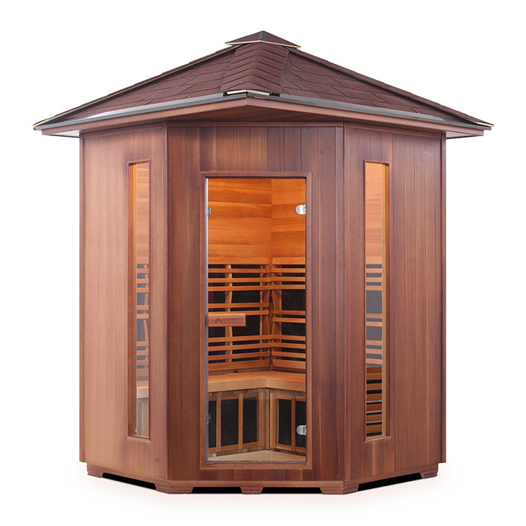Enlighten Sauna Diamond 4-person corner hybrid sauna, peak roof option