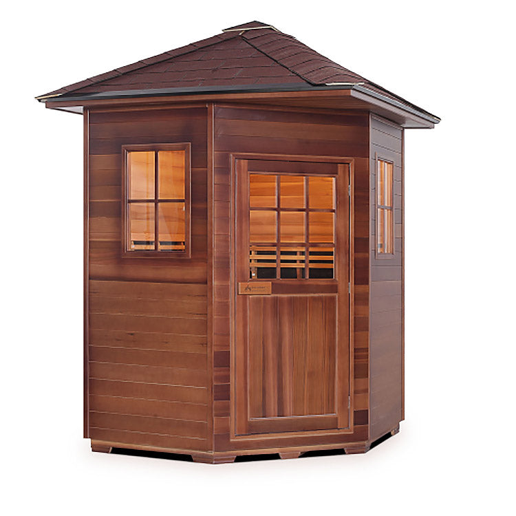 Enlighten Sauna Sapphire 4-person corner hybrid sauna, peak roof option