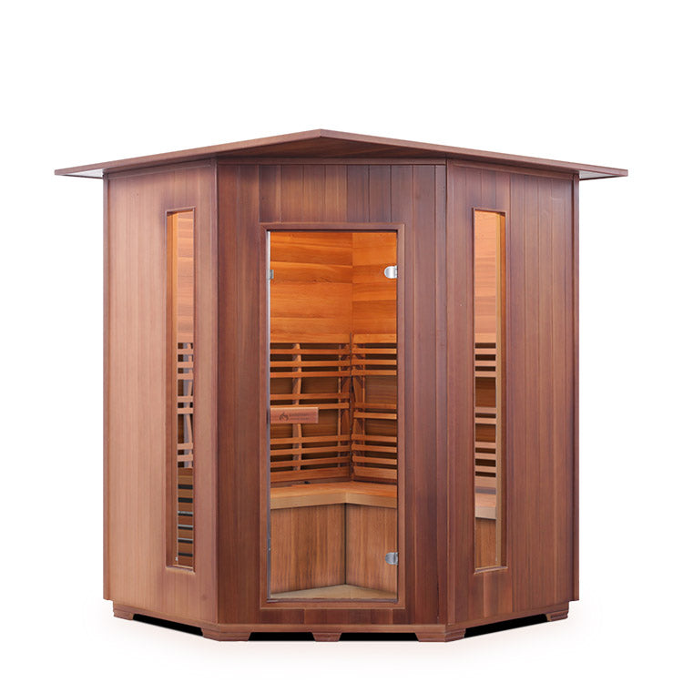 Enlighten Sauna SunRise 4-person corner sauna, indoor model