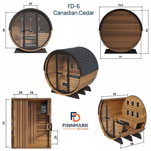 Finnmark FD-6 Cedar Barrel Sauna – 4-Person Hybrid Traditional & Infrared