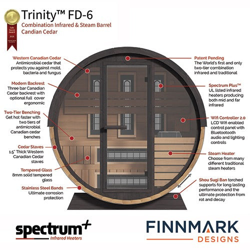 Finnmark FD-6 Cedar Barrel Sauna – 4-Person Hybrid Traditional & Infrared