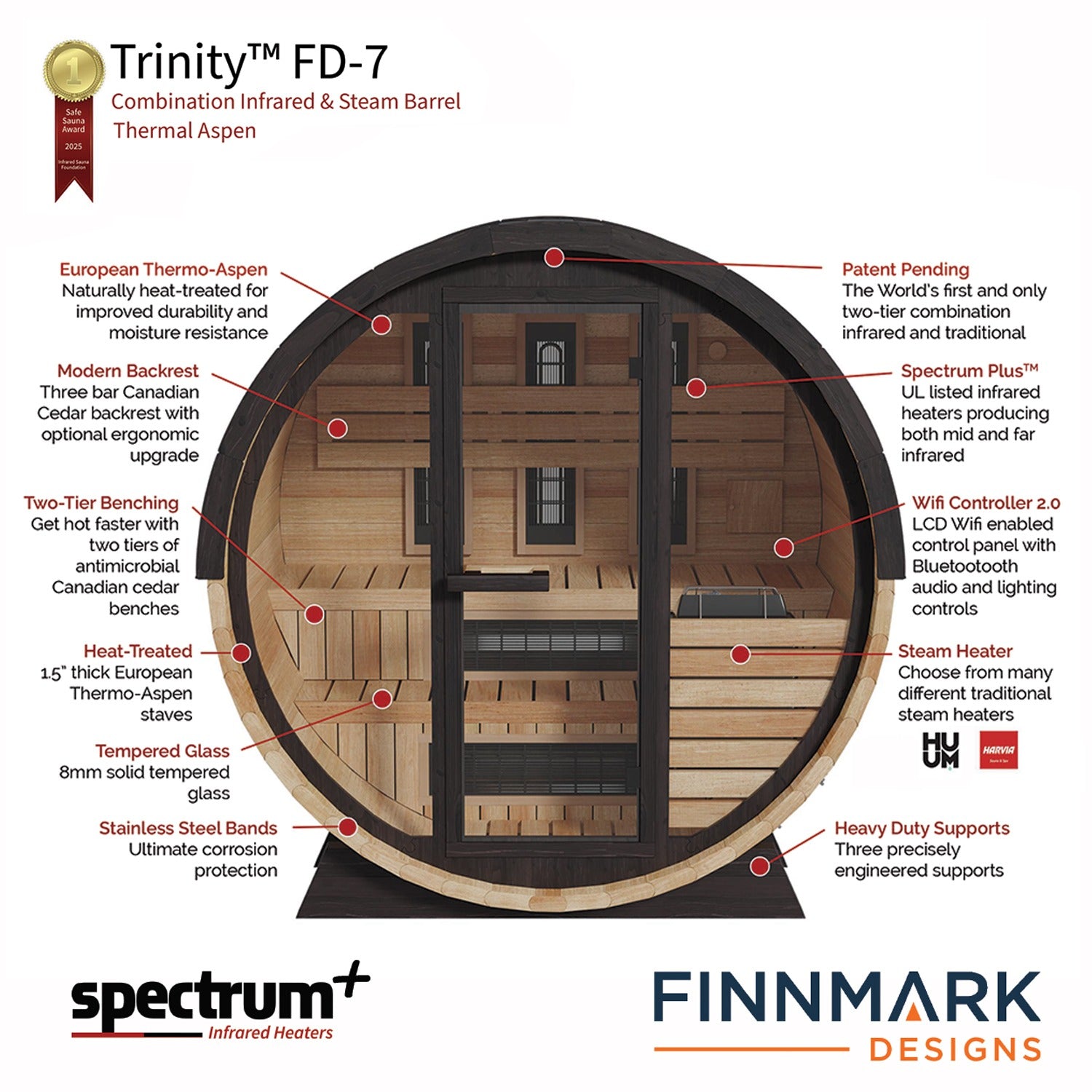 Finnmark FD-7 4-Person Thermo-Aspen Barrel Sauna – Hybrid Traditional & Infrared