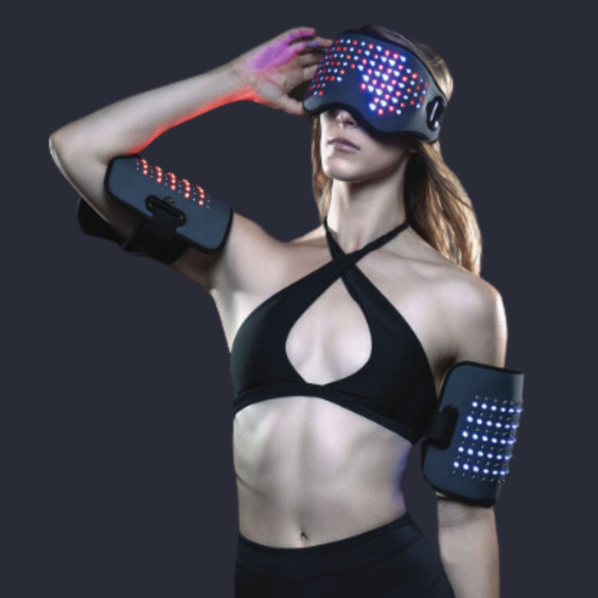 LS Pro Systems Classic Full-Body Red and Near-Infrared Light Bed – woman wearing LED pads on her arm and eyes