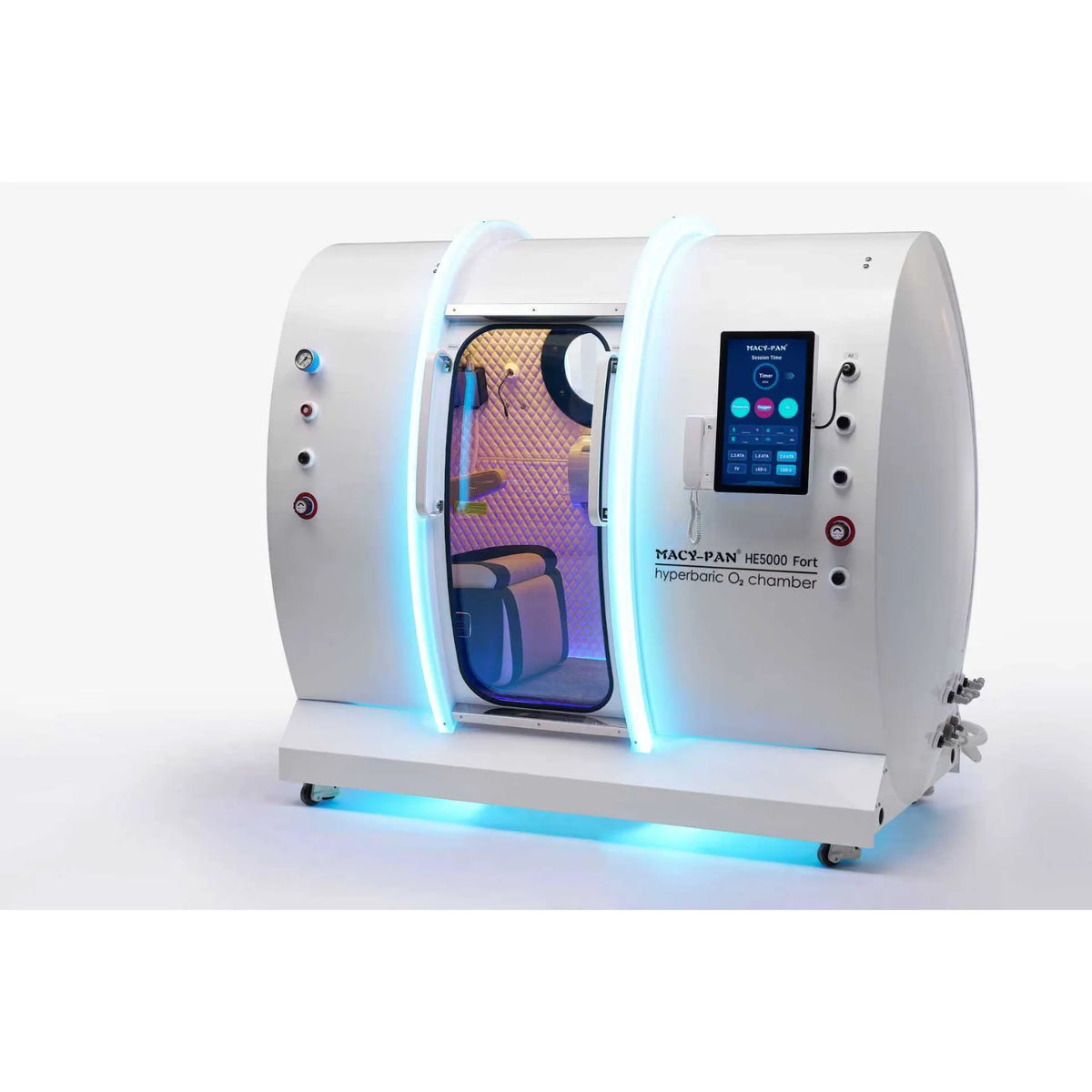 Macy-Pan HE5000 Fort Two-Person Hard-Shell Hyperbaric Chamber – chamber angled with blue light