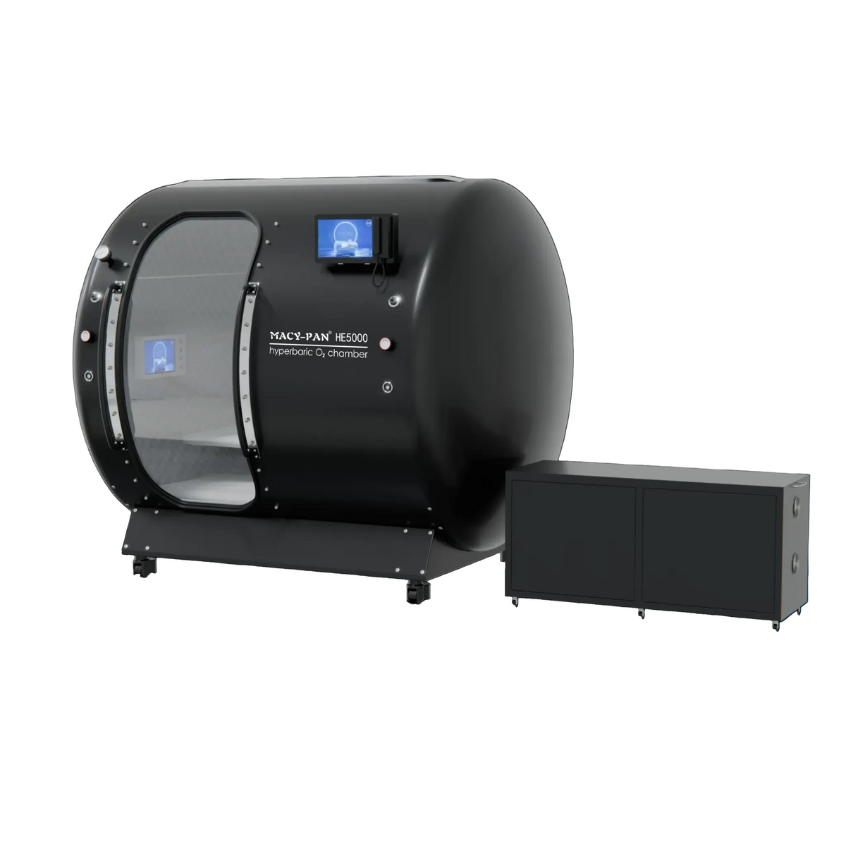 Macy-Pan HE5000 Mini Multiplace Hard-Shell Hyperbaric Chamber – black chamber with its air unit