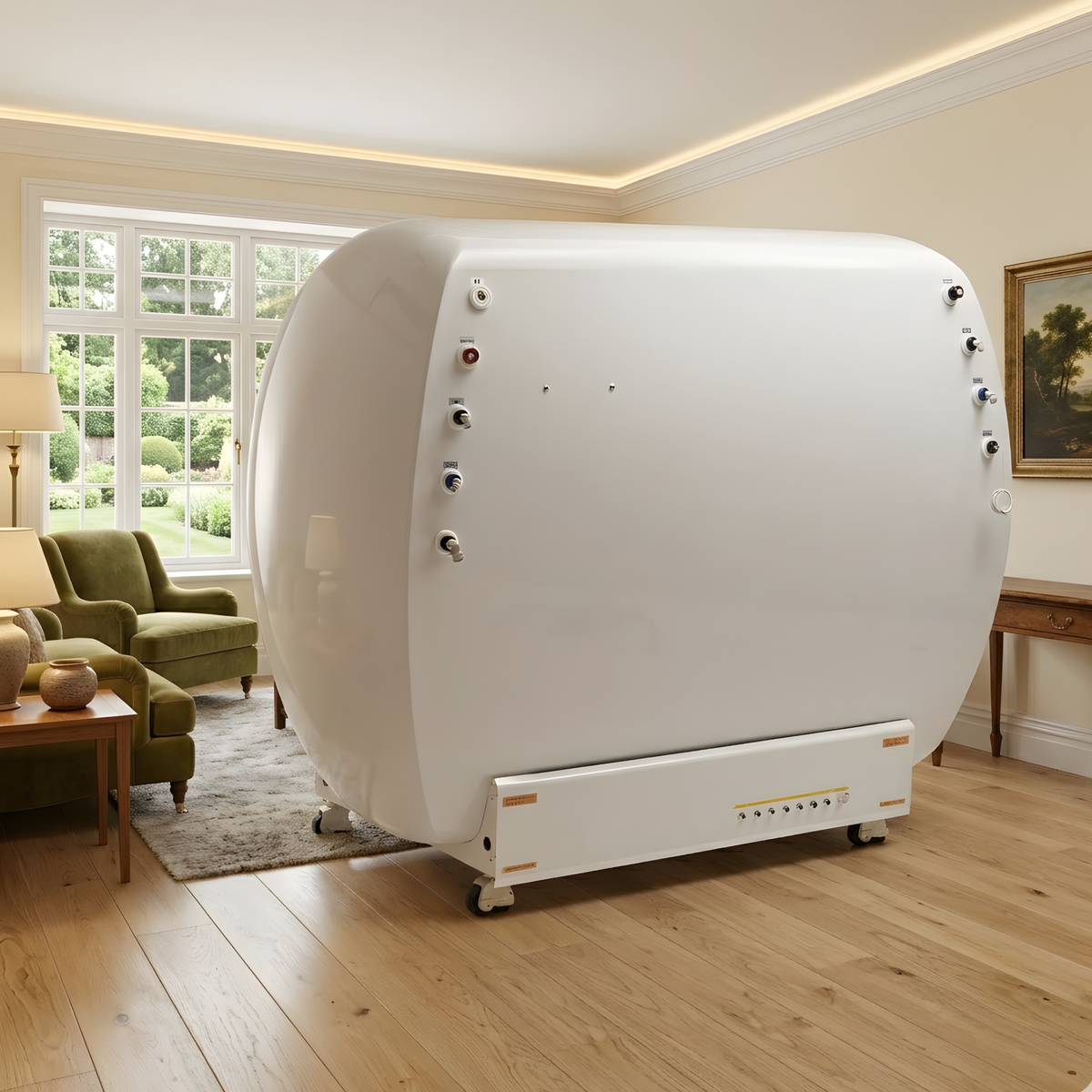 Macy-Pan HE5000 Mini Multiplace Hard-Shell Hyperbaric Chamber – chamber angle in a living room