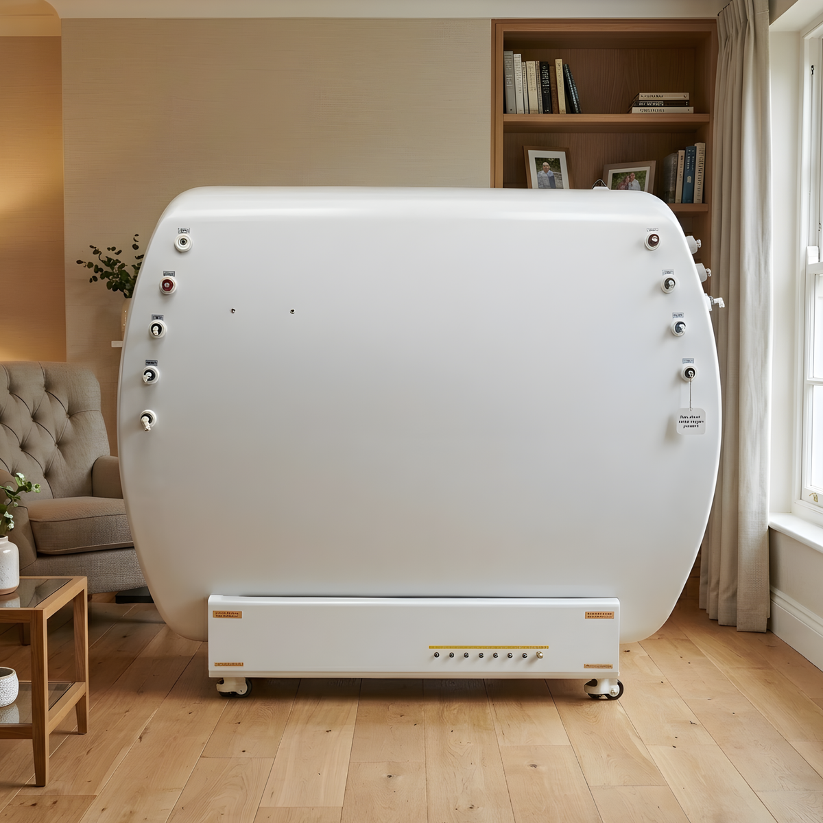 Macy-Pan HE5000 Mini Multiplace Hard-Shell Hyperbaric Chamber – chamber wall in a living room