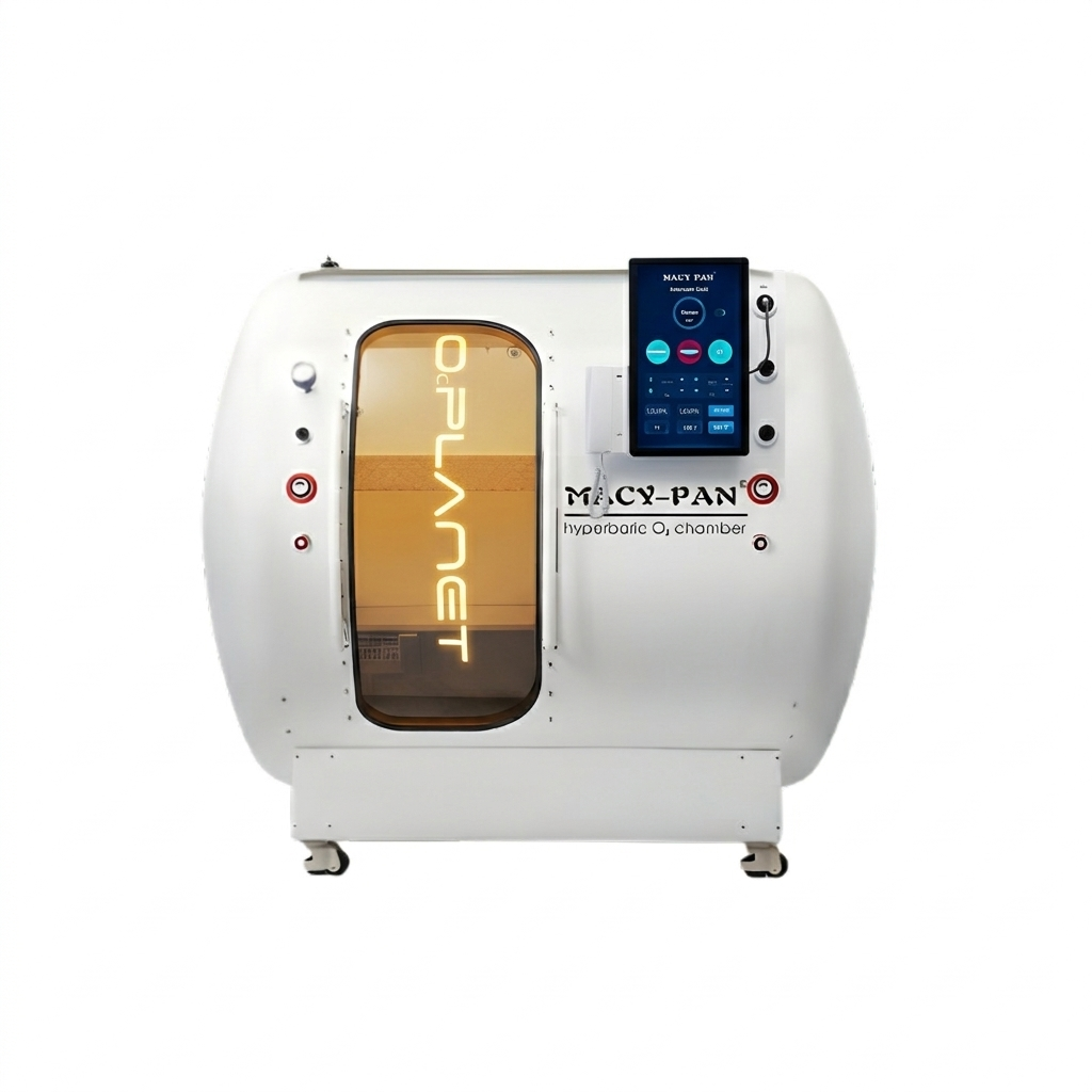 Macy-Pan HE5000 Mini Multiplace Hard-Shell Hyperbaric Chamber – white chamber front with amber window and touchscreen