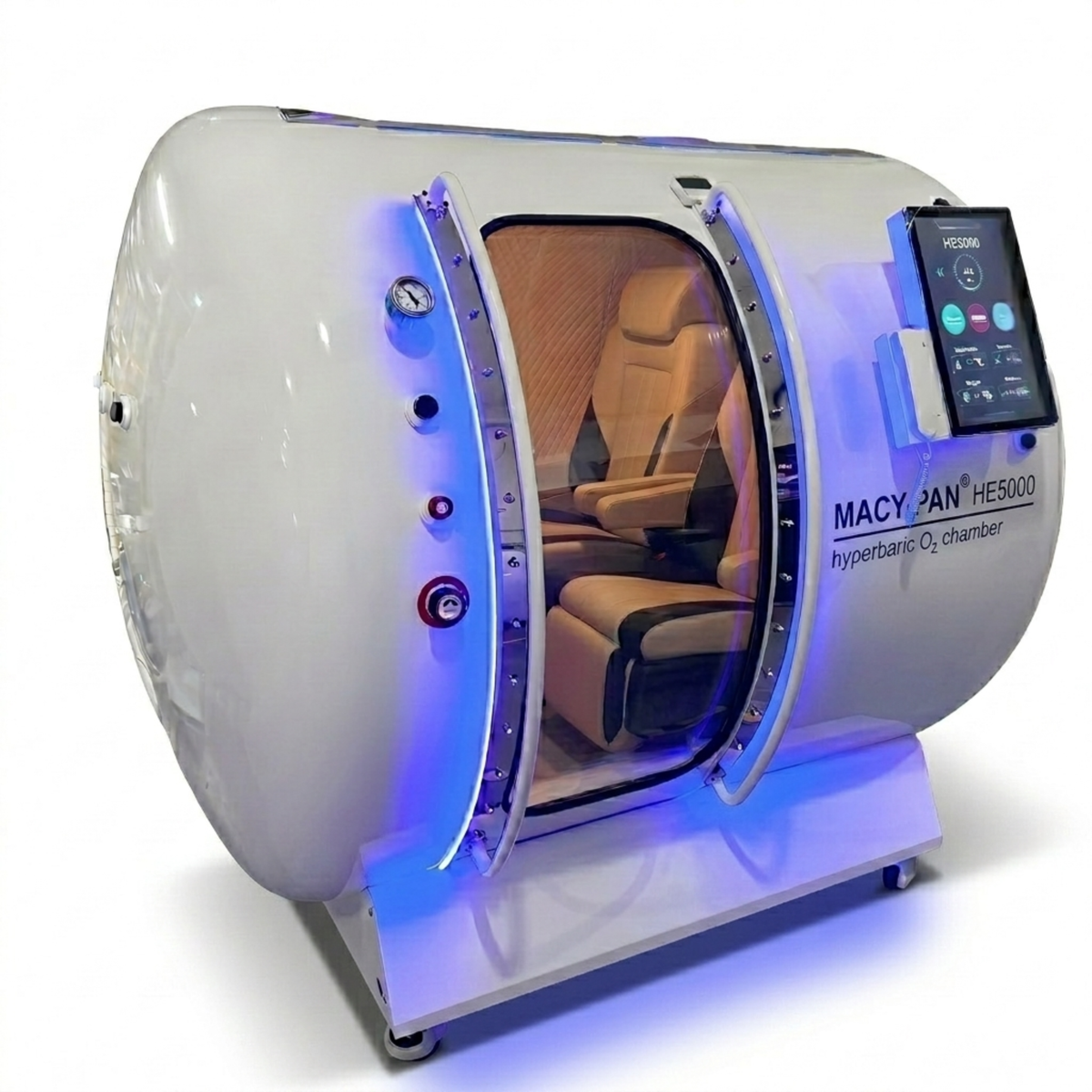 Macy-Pan HE5000 Multiplace Hard-Shell Hyperbaric Chamber – chamber with blue lighting at an angle