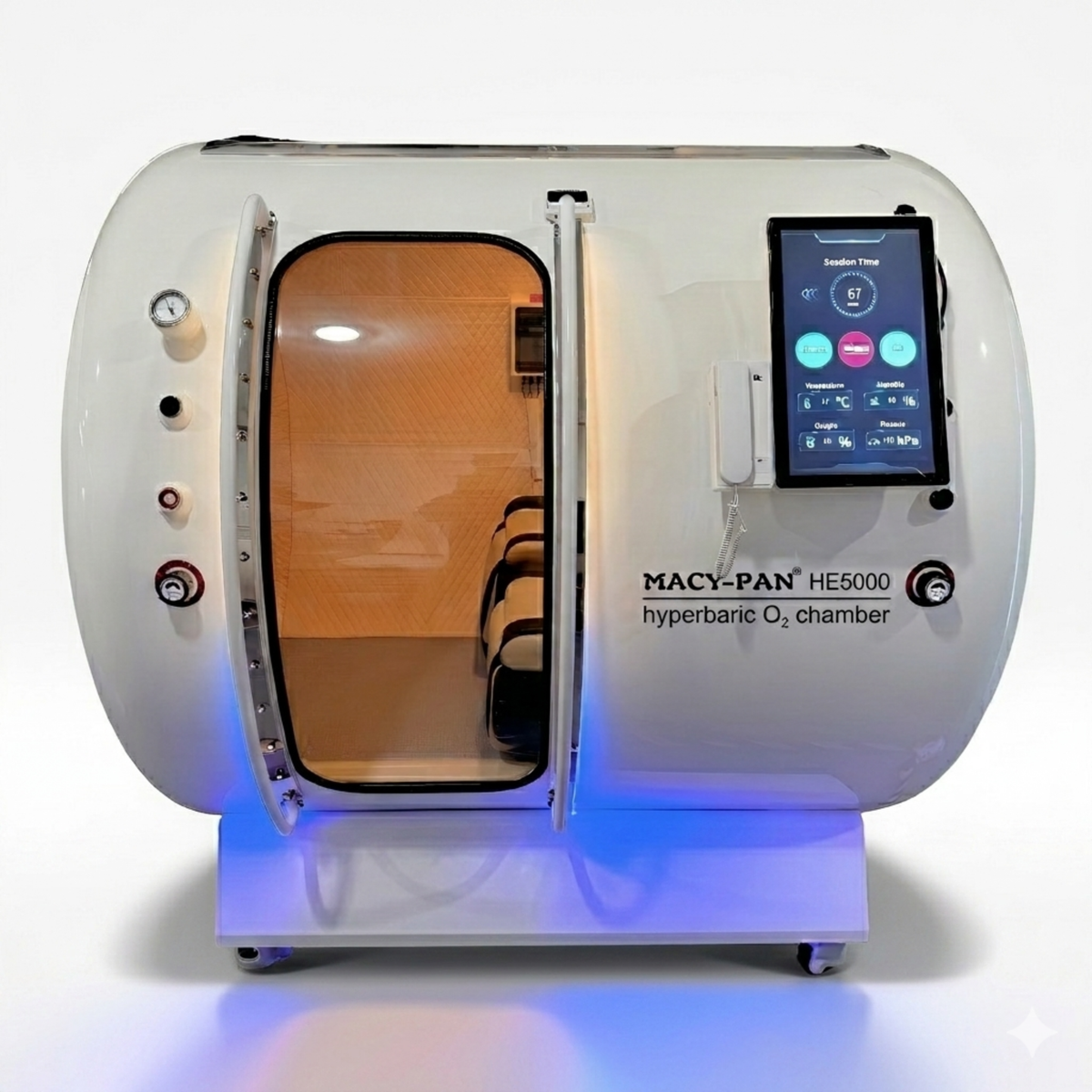 Macy-Pan HE5000 Multiplace Hard-Shell Hyperbaric Chamber – white chamber with two-person seating and touchscreen