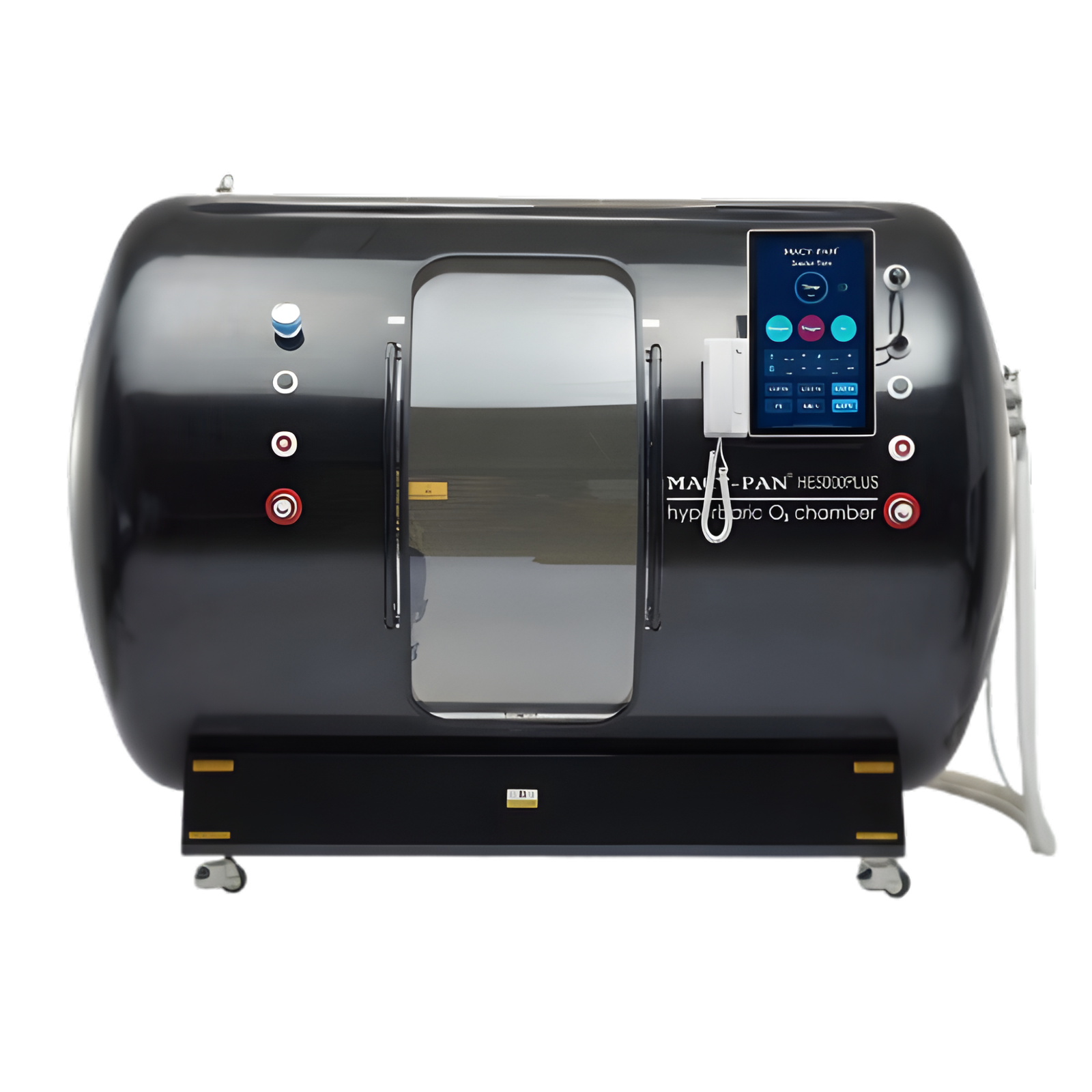 Macy-Pan HE5000 Plus Multiplace Hard-Shell Hyperbaric Chamber – black chamber front with sliding door