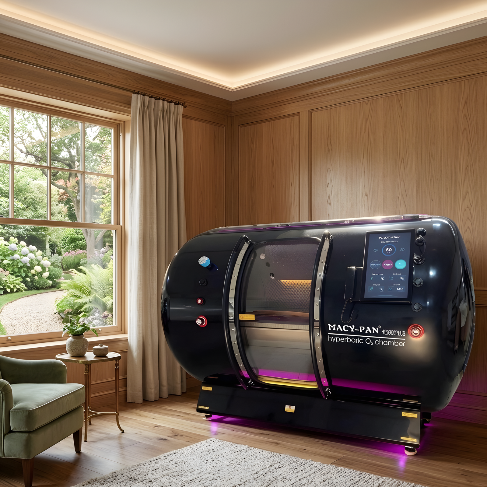 Macy-Pan HE5000 Plus Multiplace Hard-Shell Hyperbaric Chamber – black chamber in a paneled room