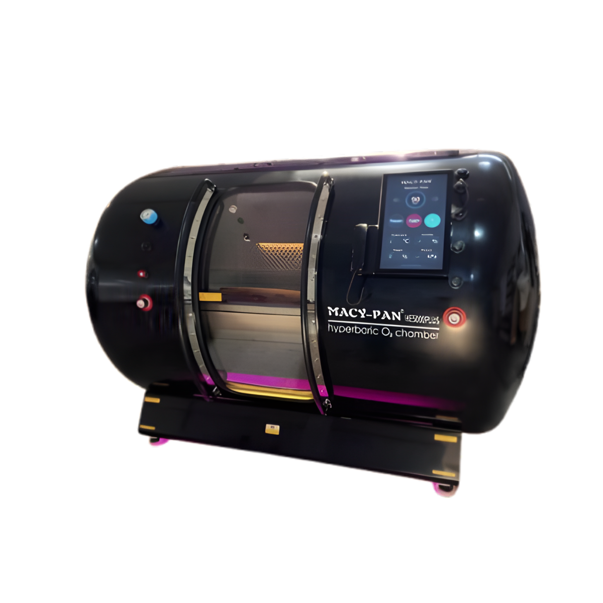 Macy-Pan HE5000 Plus Multiplace Hard-Shell Hyperbaric Chamber – black chamber with purple base lighting