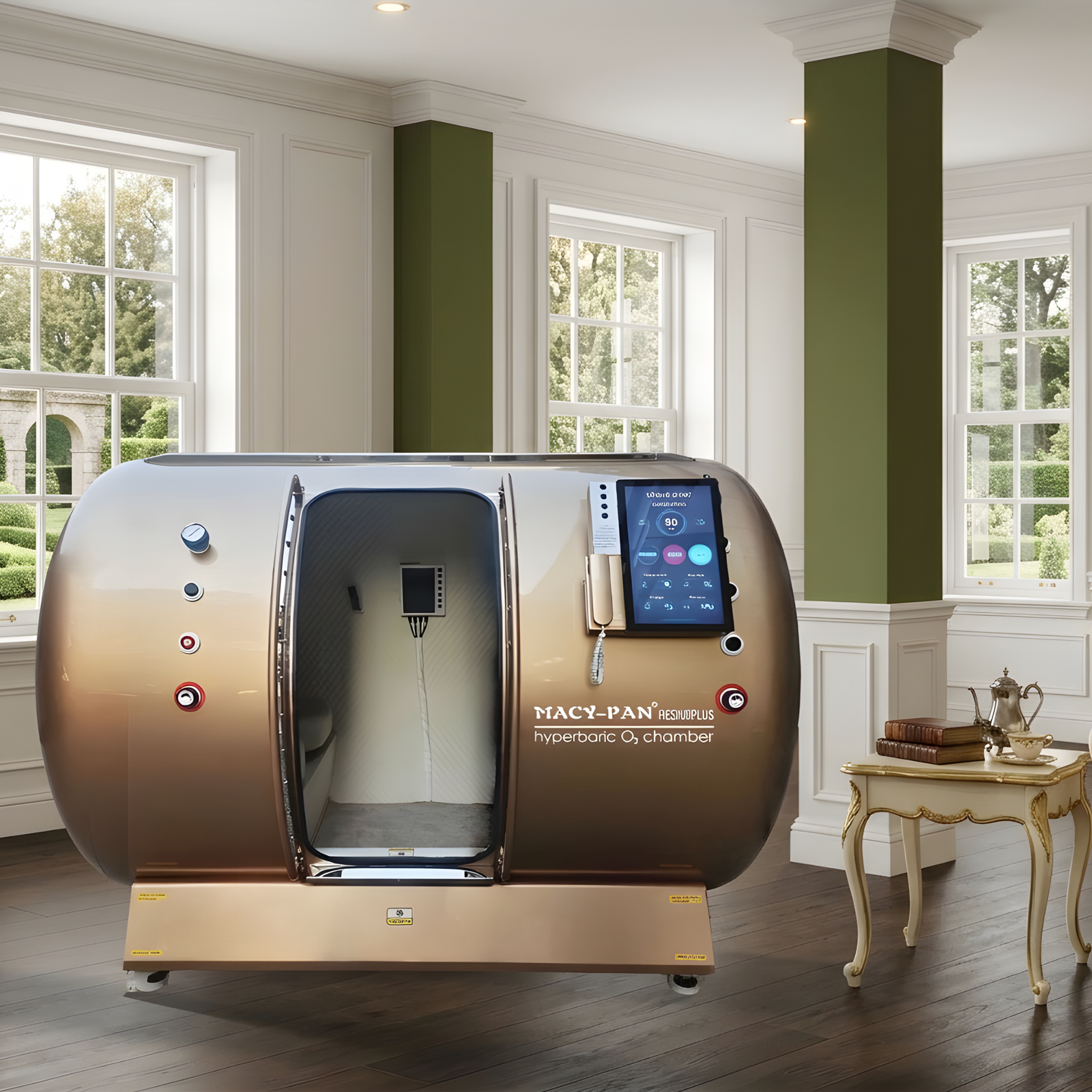 Macy-Pan HE5000 Plus Multiplace Hard-Shell Hyperbaric Chamber – gold chamber in a bright room