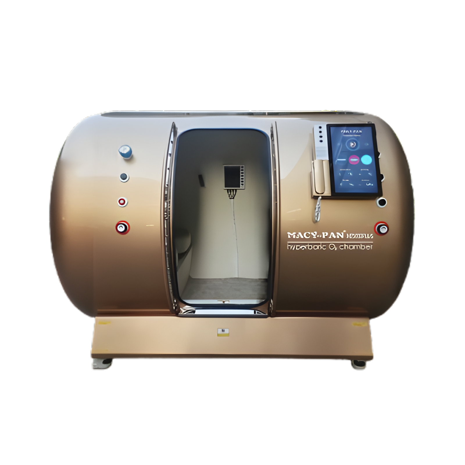 Macy-Pan HE5000 Plus Multiplace Hard-Shell Hyperbaric Chamber – gold chamber with open sliding door and touchscreen