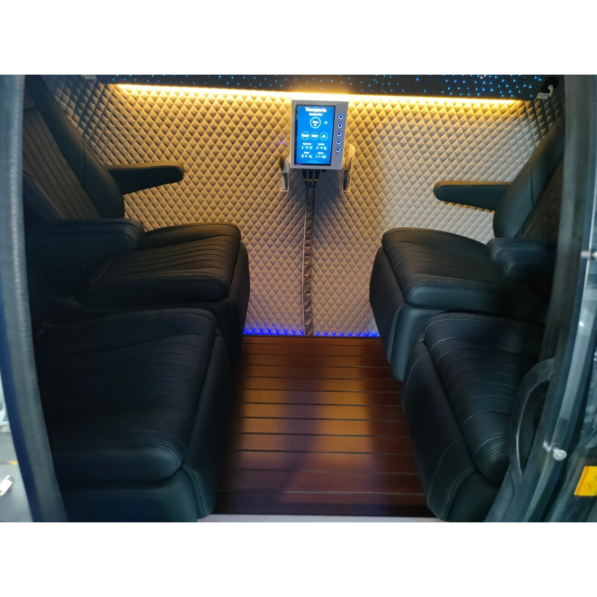 Macy-Pan HE5000 Plus Multiplace Hard-Shell Hyperbaric Chamber – interior seats with a wooden floor