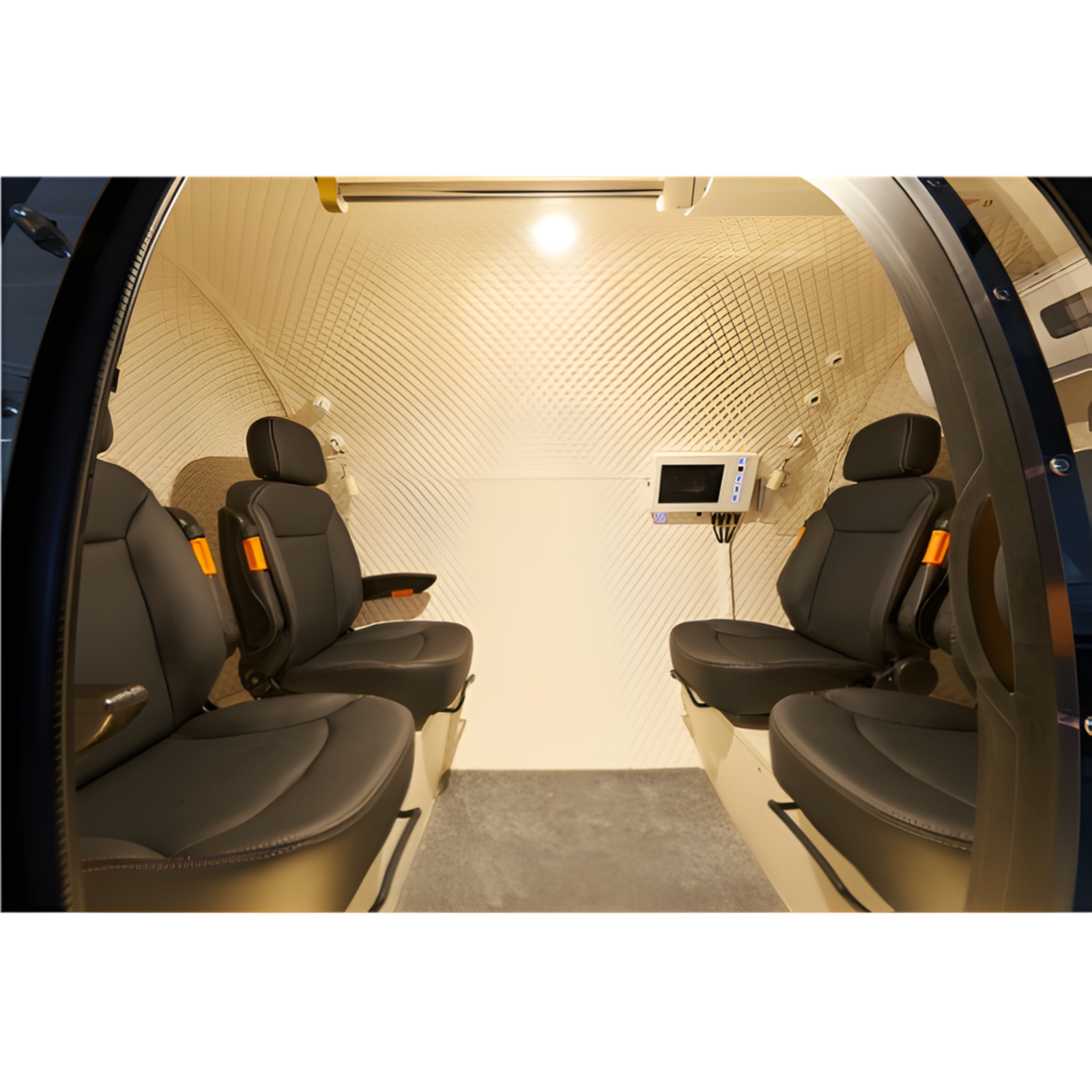 Macy-Pan HE5000 Plus Multiplace Hard-Shell Hyperbaric Chamber – interior with four black seats
