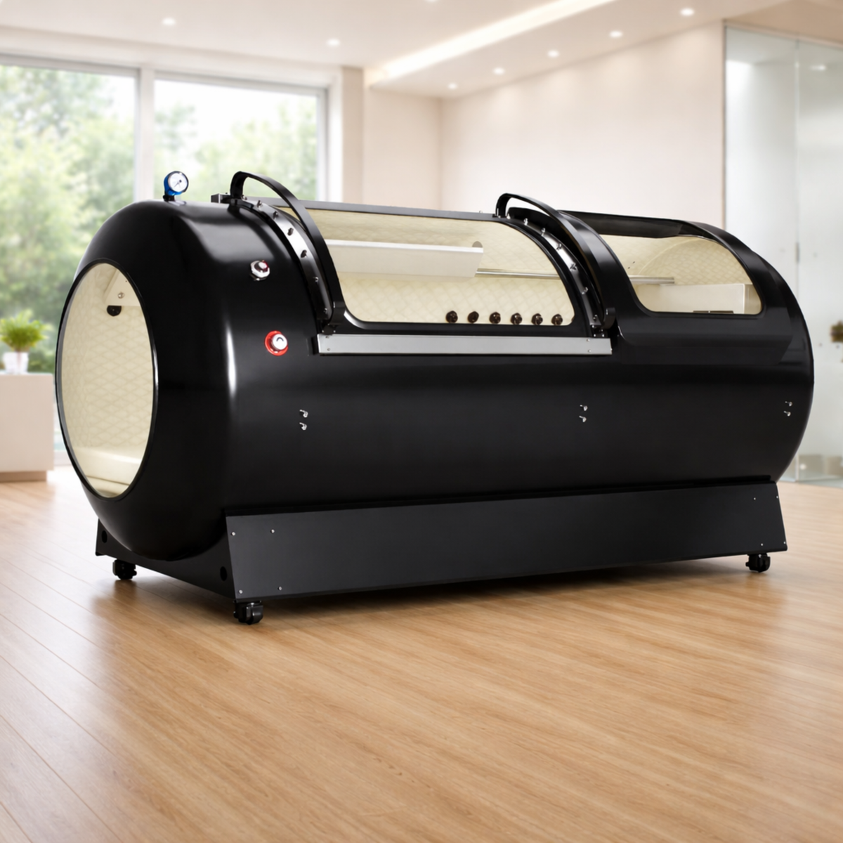 Macy-Pan HP2202-90 Diamond Hard-Shell Hyperbaric Chamber – black chamber with large windows in a bright room