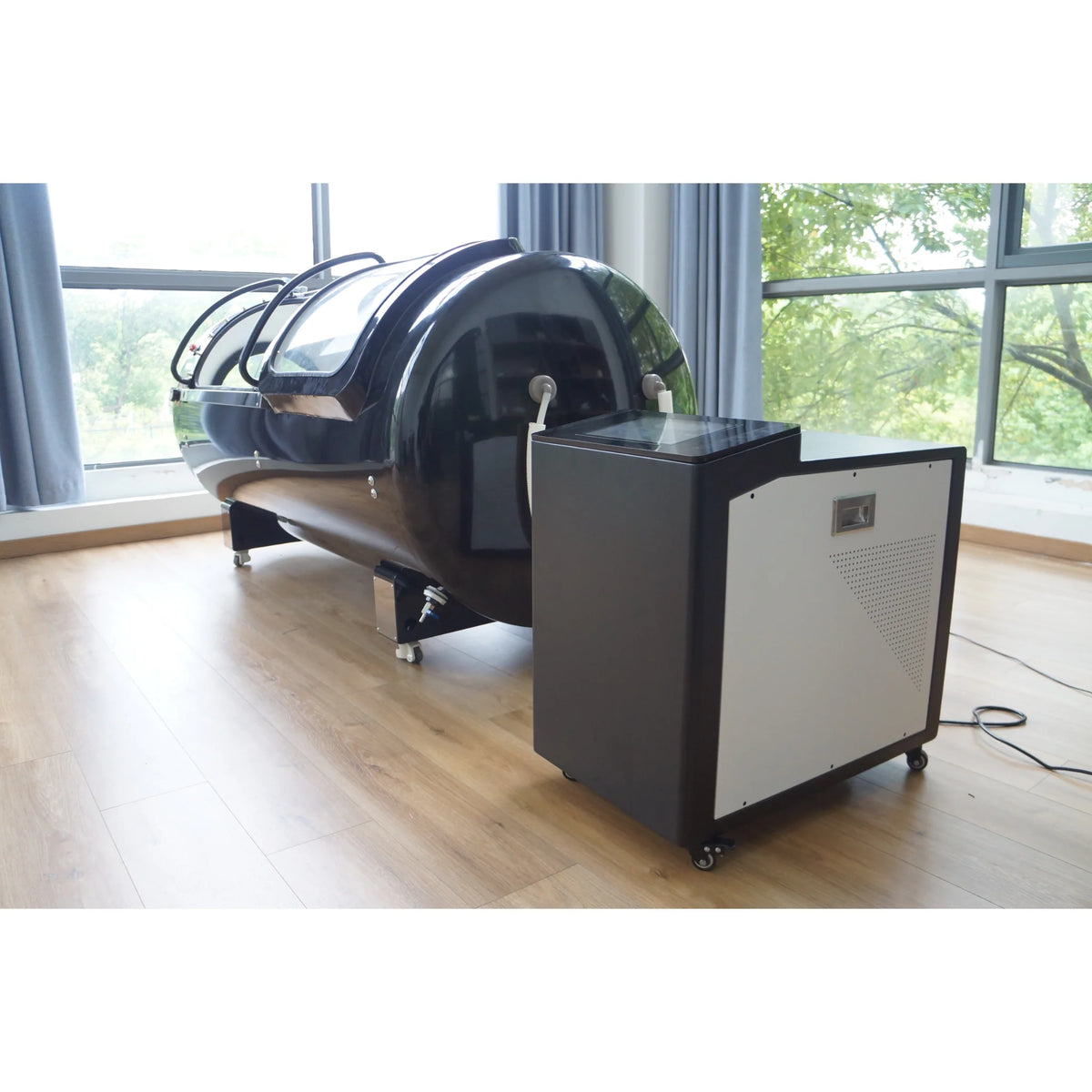 Macy-Pan HP2202-90 Diamond Hard-Shell Hyperbaric Chamber – chamber beside its control unit
