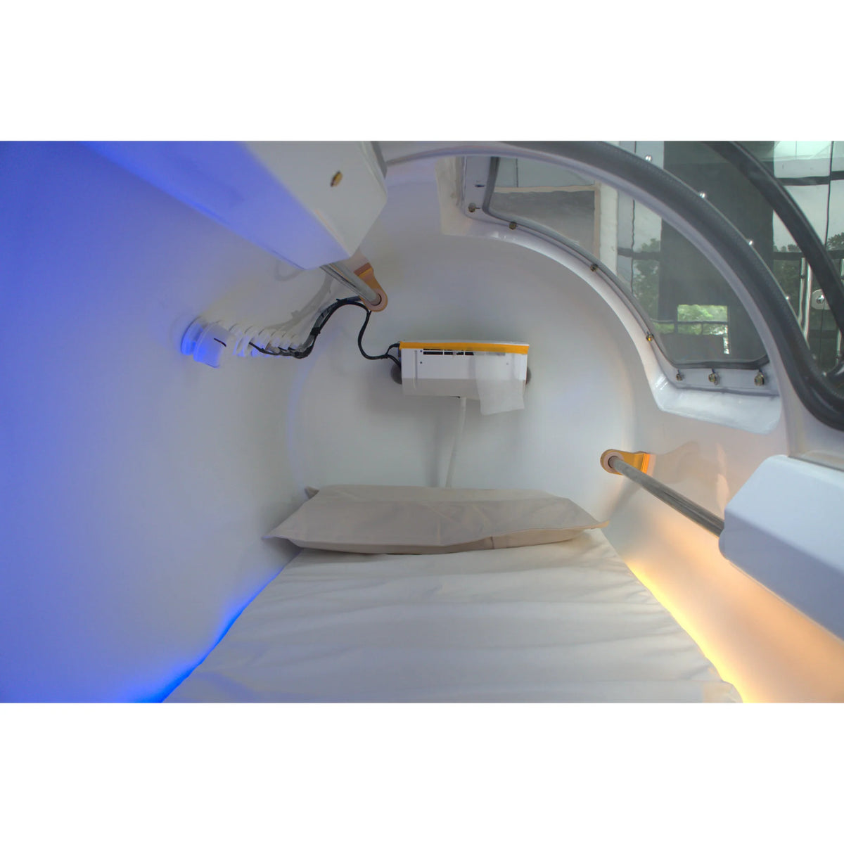 Macy-Pan HP2202-90 Diamond Hard-Shell Hyperbaric Chamber – interior with blue lighting and mattress