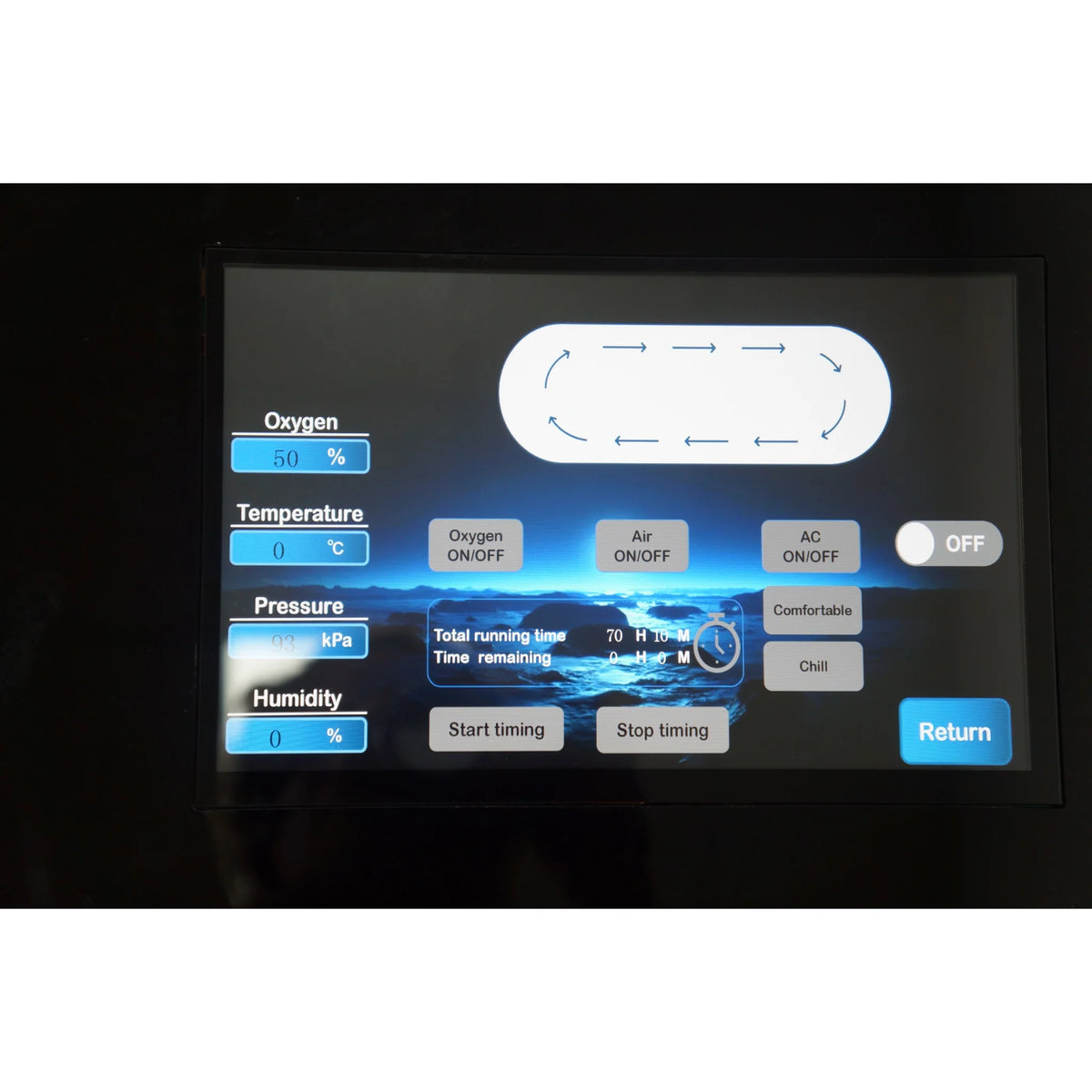 Macy-Pan HP2202-90 Diamond Hard-Shell Hyperbaric Chamber – touchscreen showing the controls
