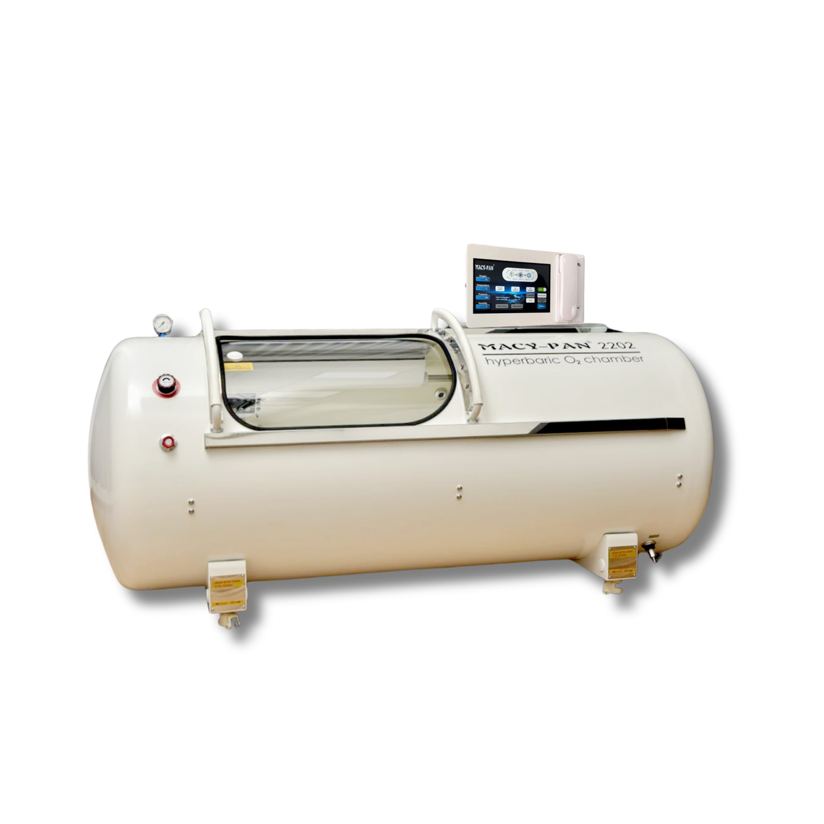Macy-Pan HP2202 Hard-Shell Hyperbaric Chamber – chamber front angle with touchscreen