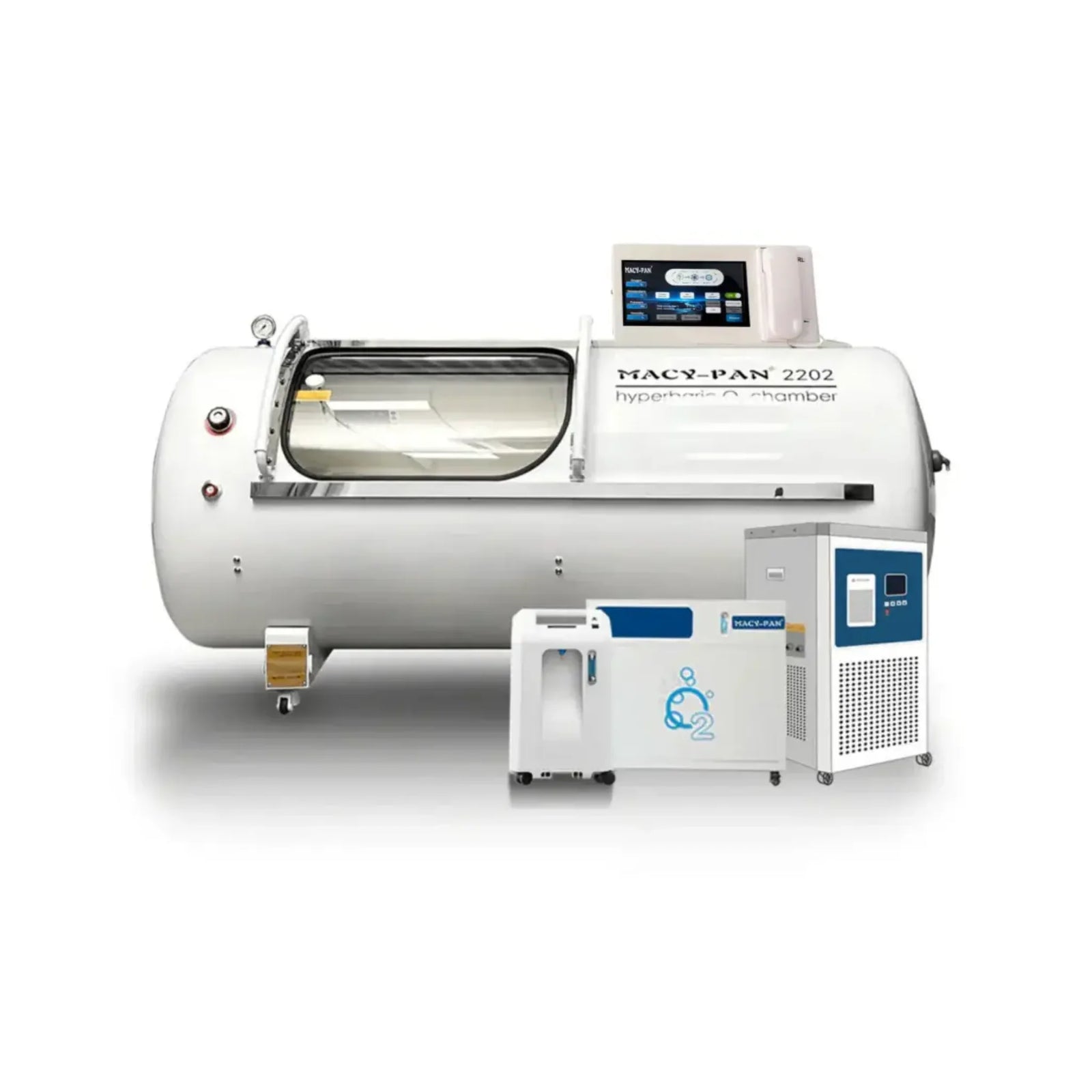 Macy-Pan HP2202 Hard-Shell Hyperbaric Chamber – white chamber with oxygen concentrator and chiller