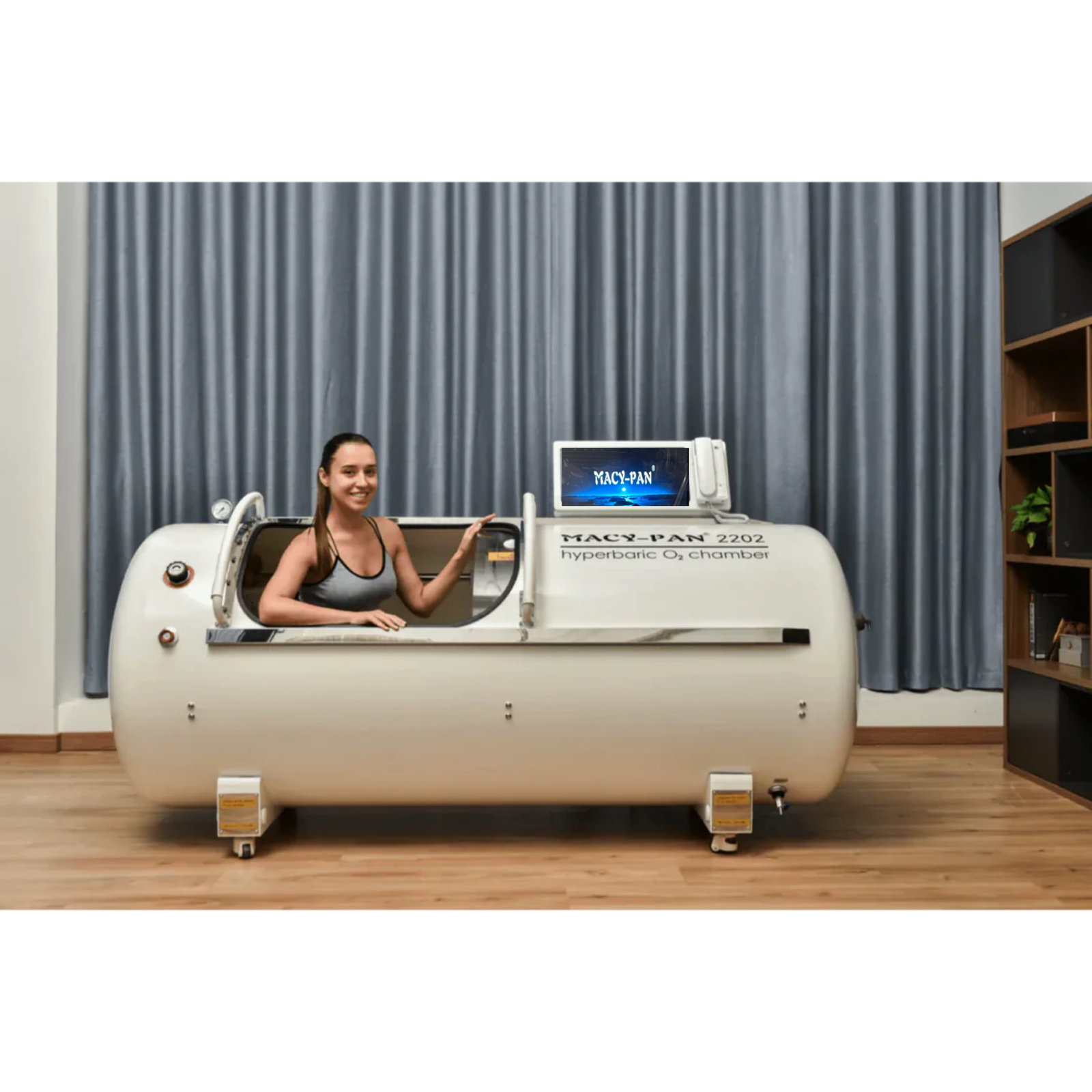 Macy-Pan HP2202 Hard-Shell Hyperbaric Chamber – woman relaxing inside the chamber