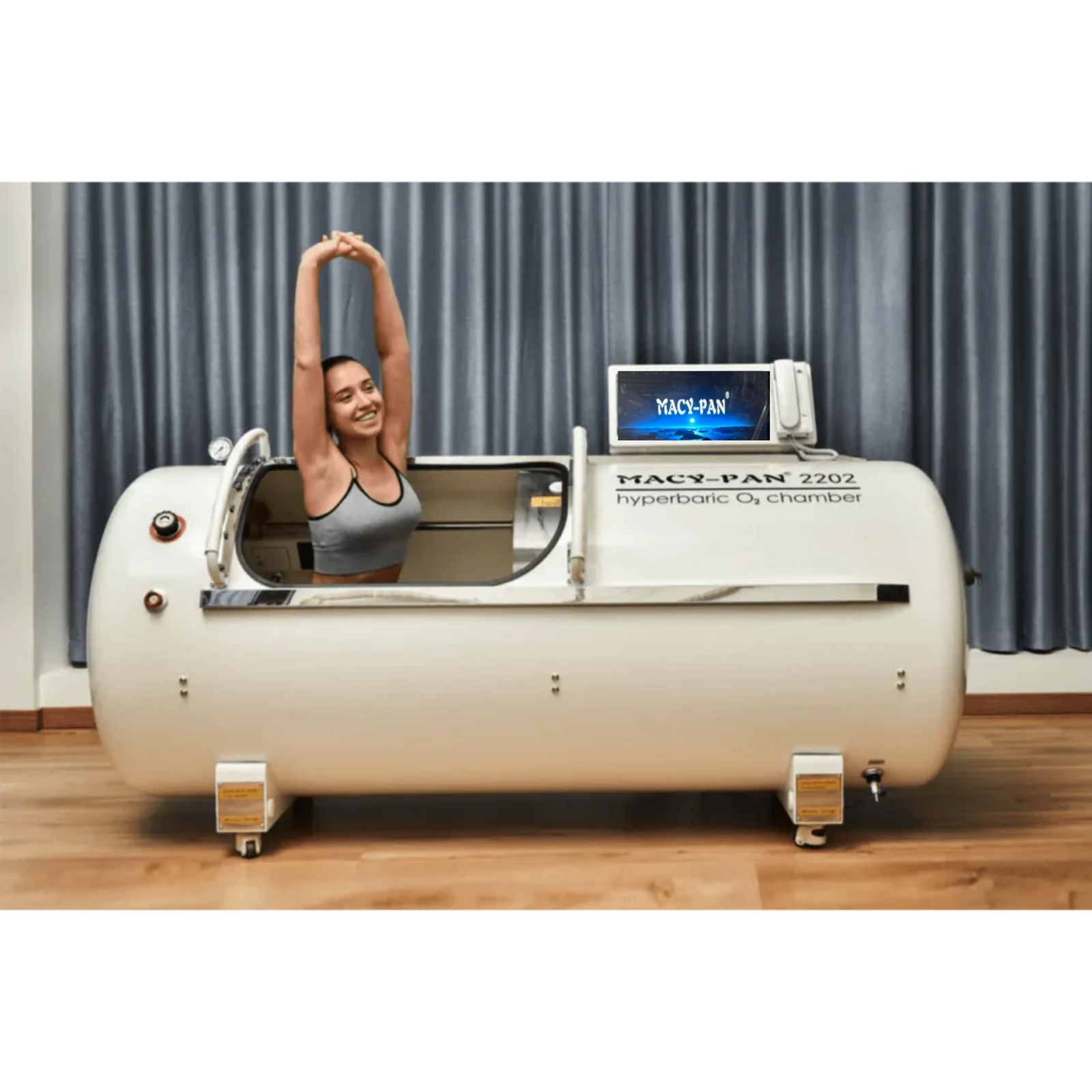 Macy-Pan HP2202 Hard-Shell Hyperbaric Chamber – woman stretching inside the chamber