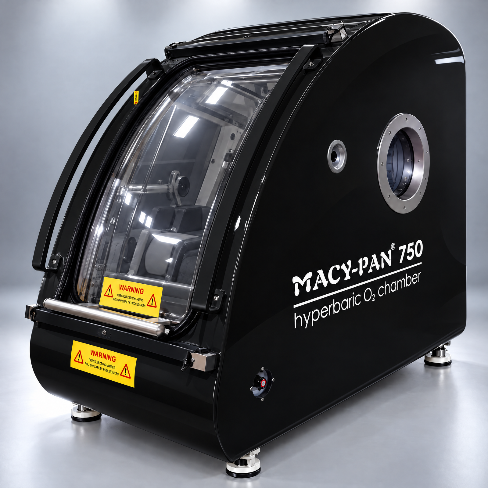 Macy-Pan HP750 Hard-Shell Sitting Hyperbaric Chamber – black chamber front angle