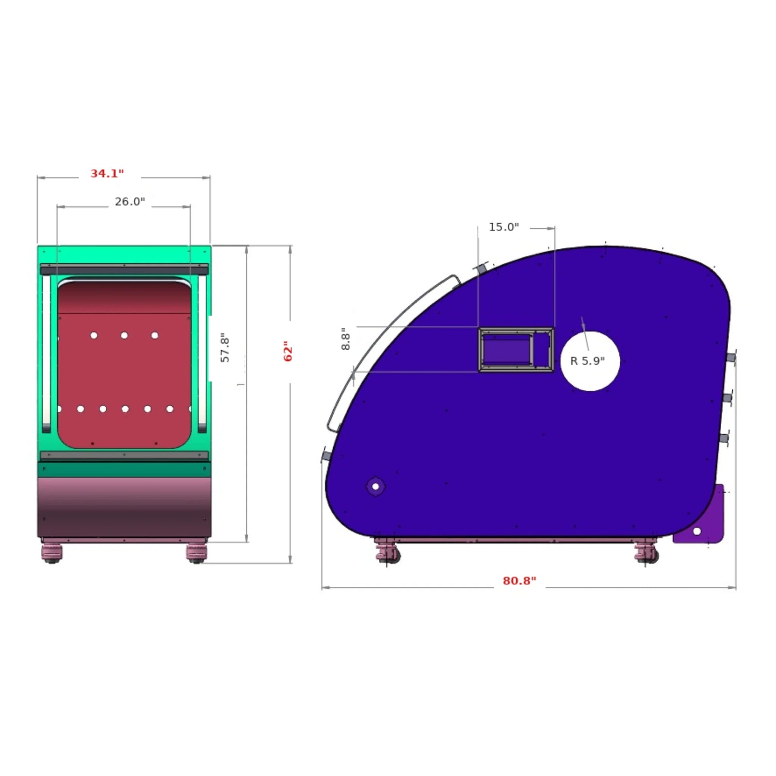 Macy-Pan HP750 Hard-Shell Sitting Hyperbaric Chamber – dimension drawing of the chamber