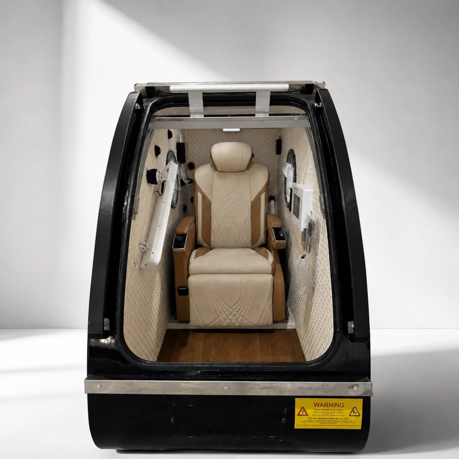 Macy-Pan HP750 Hard-Shell Sitting Hyperbaric Chamber – front view with the seat visible inside