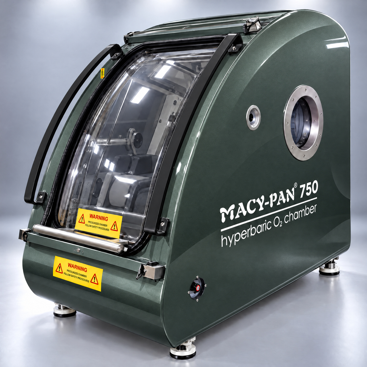 Macy-Pan HP750 Hard-Shell Sitting Hyperbaric Chamber – green chamber front angle