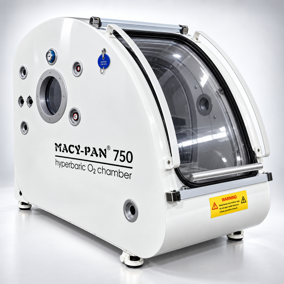 Macy-Pan HP750 Hard-Shell Sitting Hyperbaric Chamber – white chamber at a side angle