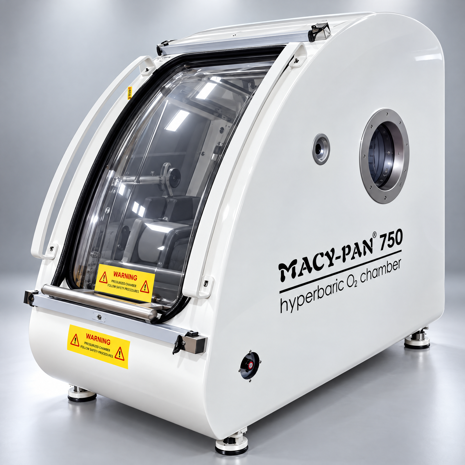 Macy-Pan HP750 Hard-Shell Sitting Hyperbaric Chamber – white hard-shell chamber front with window