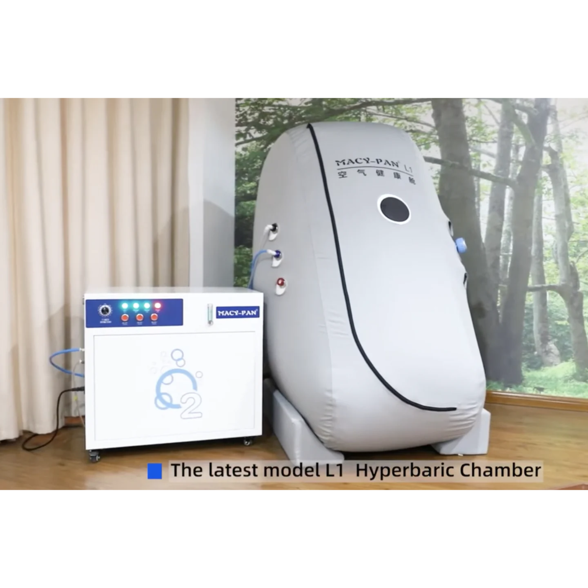 Macy-Pan L1 Sitting Hyperbaric Chamber – chamber beside its control unit with model label
