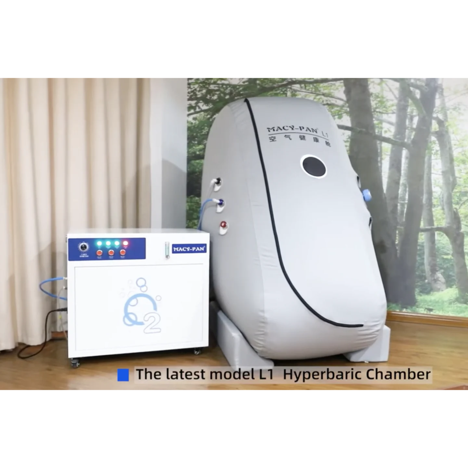 Macy-Pan L1 Sitting Hyperbaric Chamber – chamber beside its control unit with model label