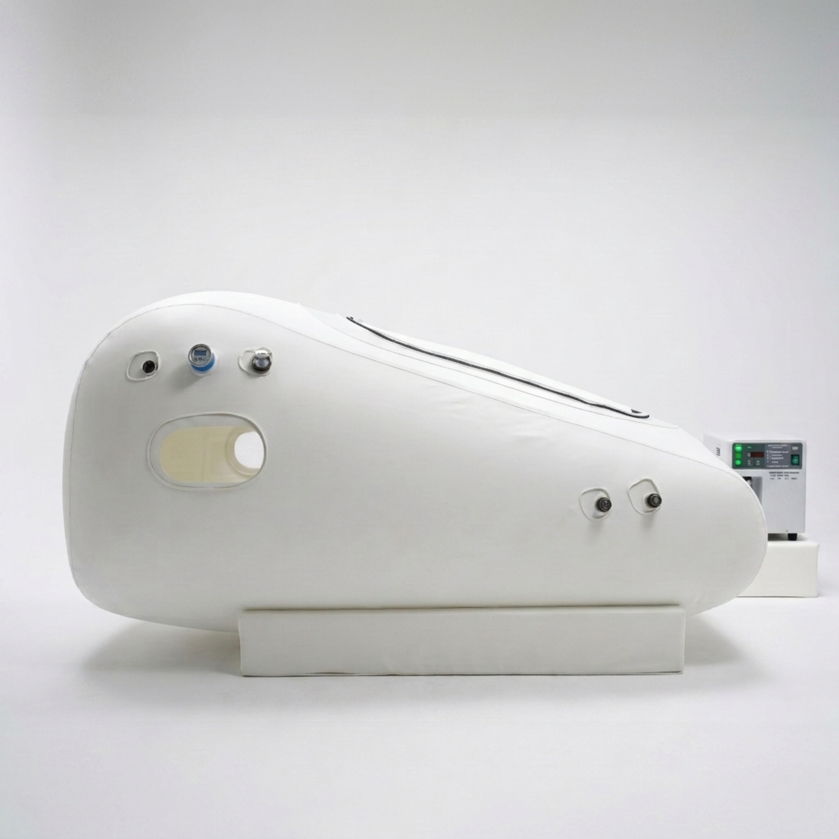 Macy-Pan ST2200 Pro Two-Person Sitting Hyperbaric Chamber – white chamber beside a control unit